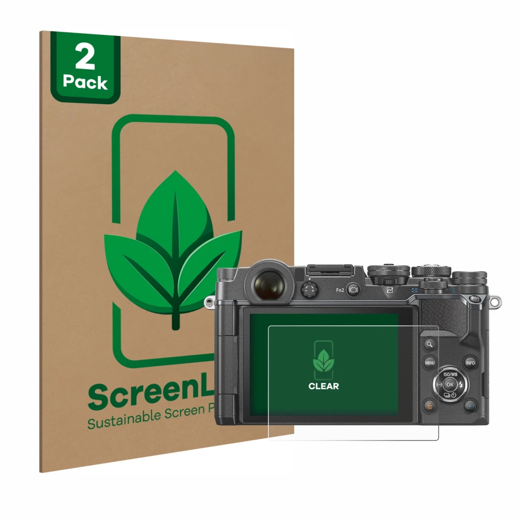 Parte frontal de un envase de producto con el logotipo de la marca ScreenLeaf. Al lado se muestra el dispositivo Olympus PEN-F