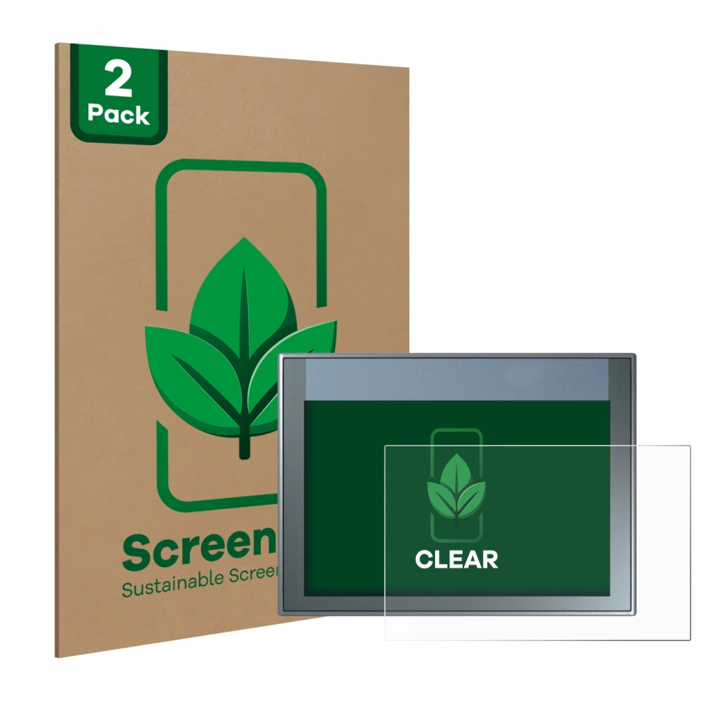 Parte frontal de un envase de producto con el logotipo de la marca ScreenLeaf. Al lado se muestra el dispositivo Siemens Simat