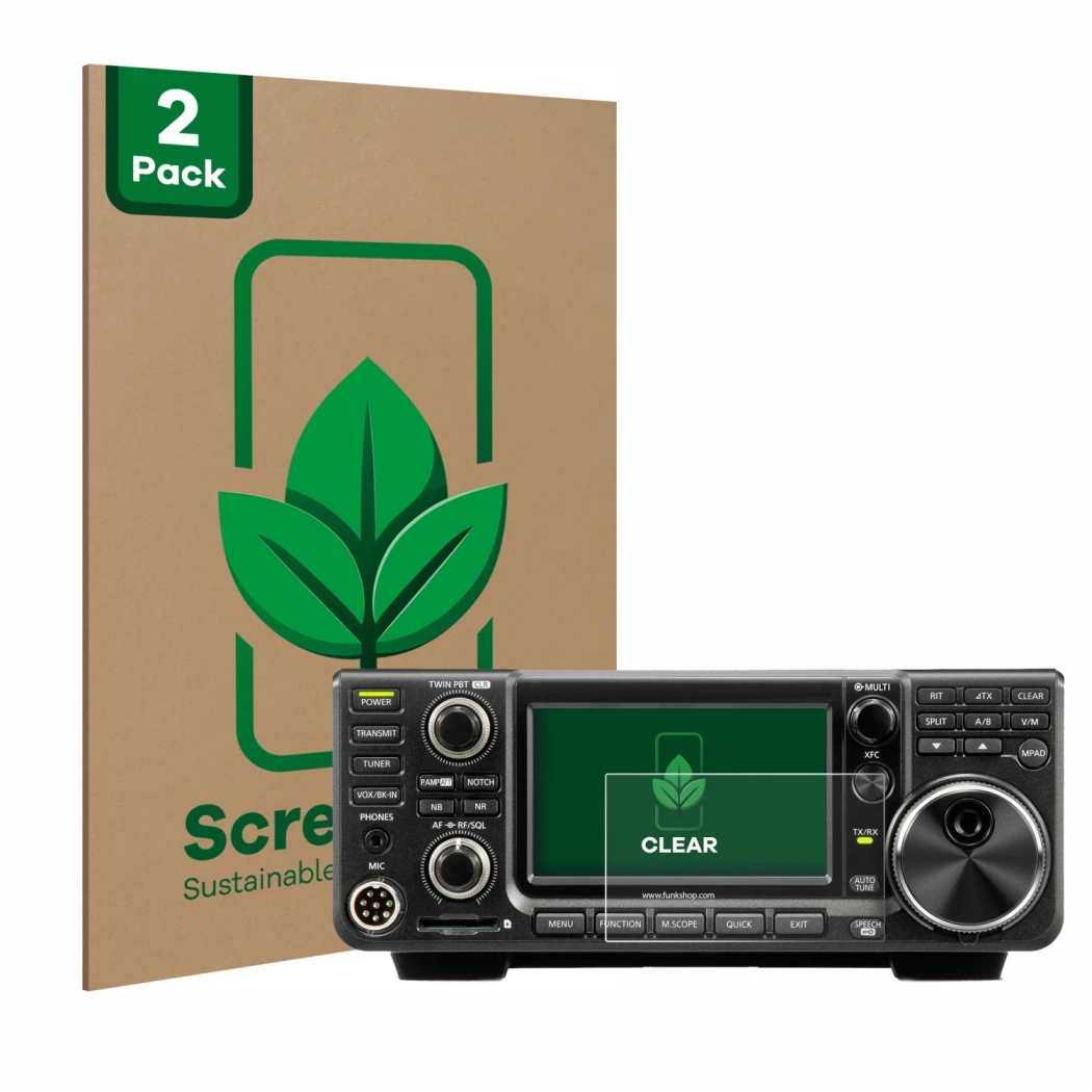 Parte frontal de un envase de producto con el logotipo de la marca ScreenLeaf. Al lado se muestra el dispositivo Icom IC-7300 