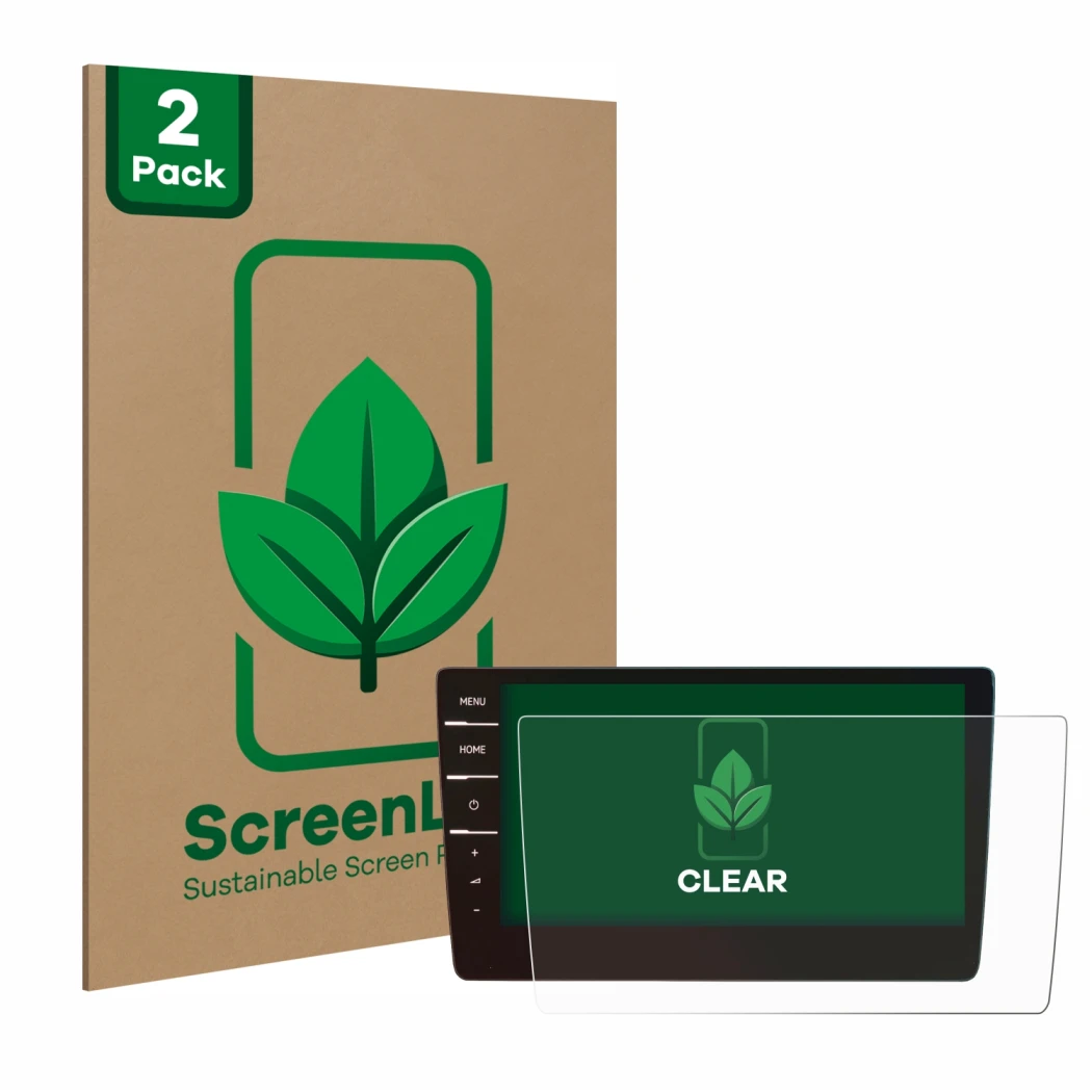 Parte frontal de un envase de producto con el logotipo de la marca ScreenLeaf. Al lado se muestra el dispositivo Volkswagen Go