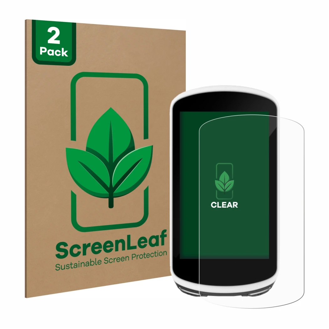 Parte frontal de un envase de producto con el logotipo de la marca ScreenLeaf. Al lado se muestra el dispositivo Garmin Edge 1