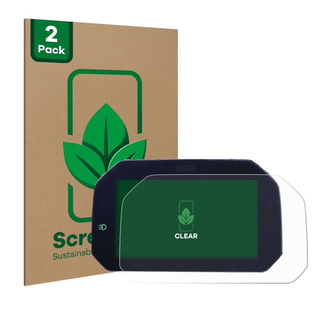 Parte frontal de un envase de producto con el logotipo de la marca ScreenLeaf. Al lado se muestra el dispositivo BMW R 1200 GS