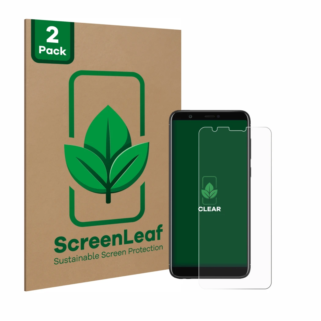 Parte frontal de un envase de producto con el logotipo de la marca ScreenLeaf. Al lado se muestra el dispositivo Huawei P smar