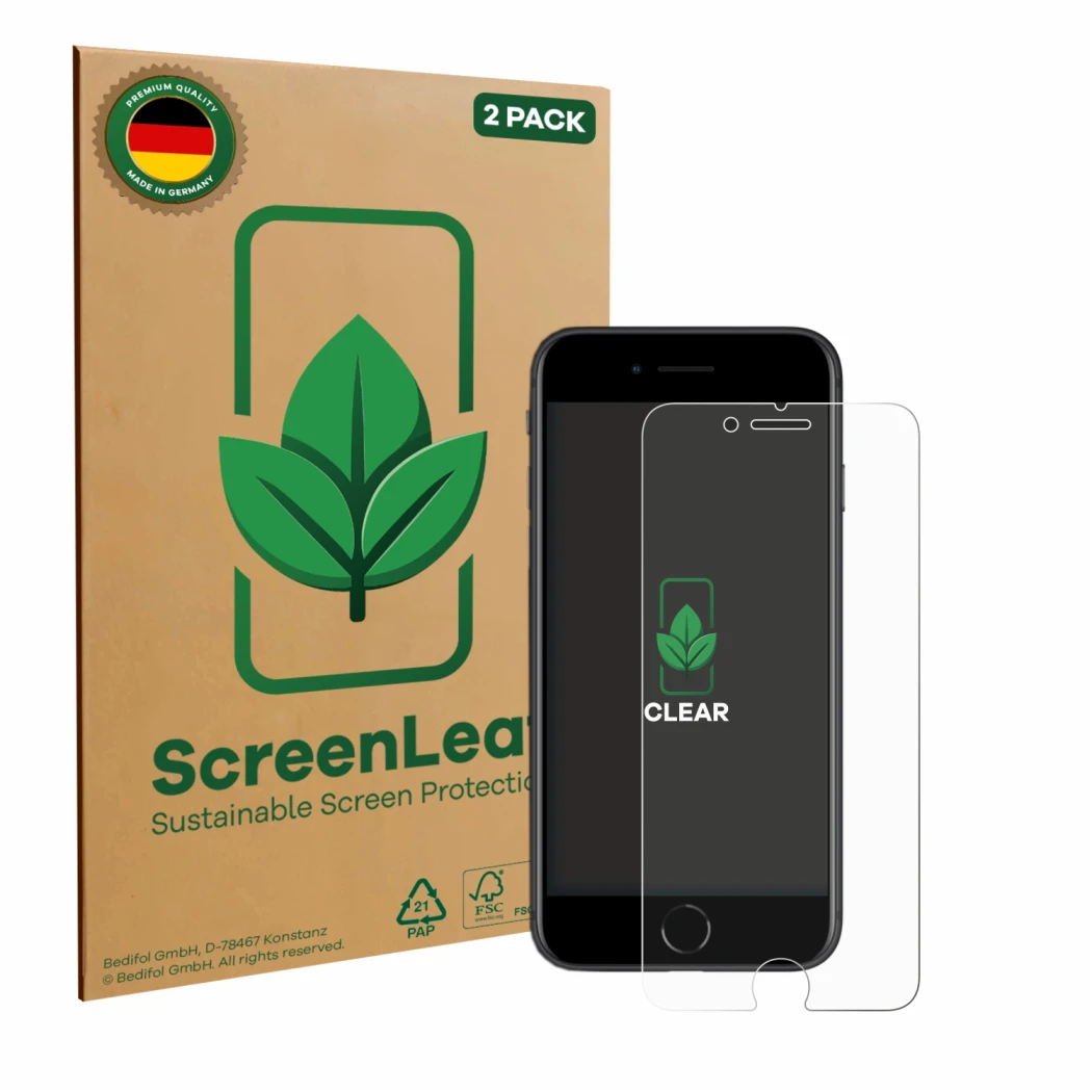 Parte frontal de un envase de producto con el logotipo de la marca ScreenLeaf. Al lado se muestra el dispositivo Apple iPhone 