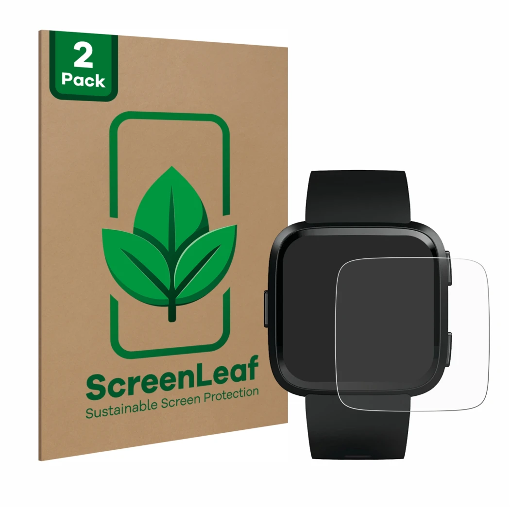 Parte frontal de un envase de producto con el logotipo de la marca ScreenLeaf. Al lado se muestra el dispositivo Fitbit Versa 
