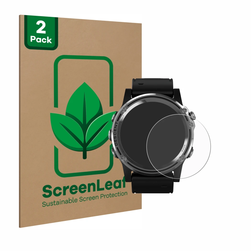 Parte frontal de un envase de producto con el logotipo de la marca ScreenLeaf. Al lado se muestra el dispositivo Garmin Descen
