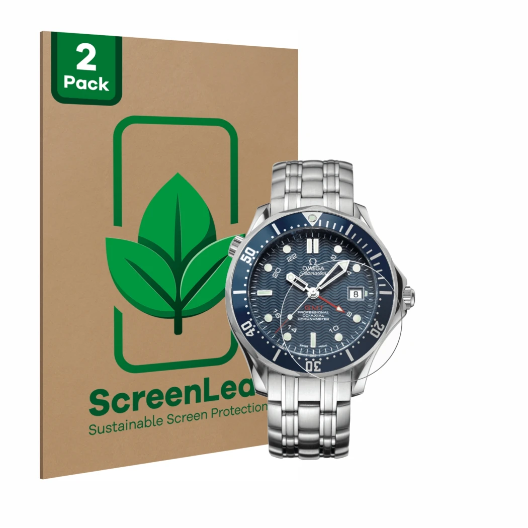 Parte frontal de un envase de producto con el logotipo de la marca ScreenLeaf. Al lado se muestra el dispositivo Omega Seamast