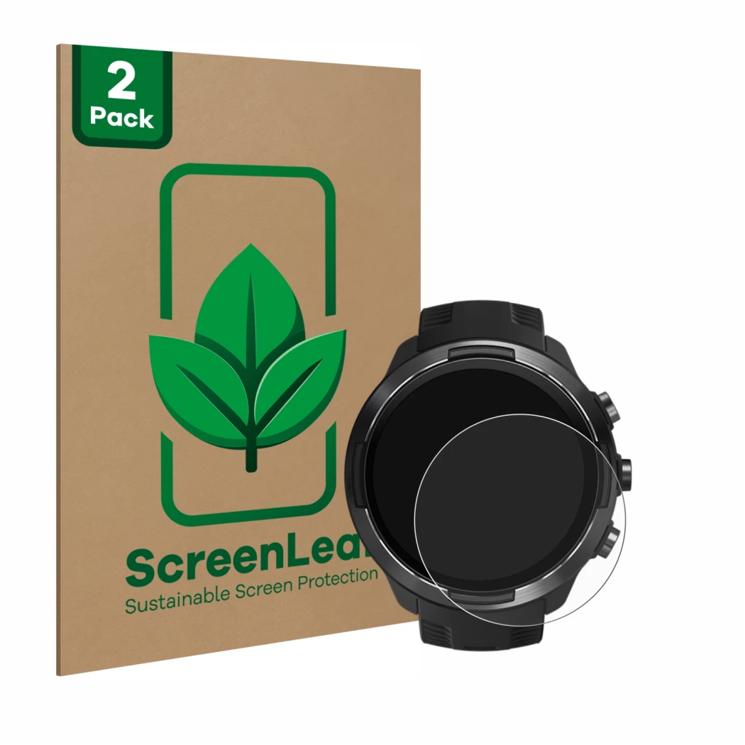 Parte frontal de un envase de producto con el logotipo de la marca ScreenLeaf. Al lado se muestra el dispositivo Suunto 9 con 