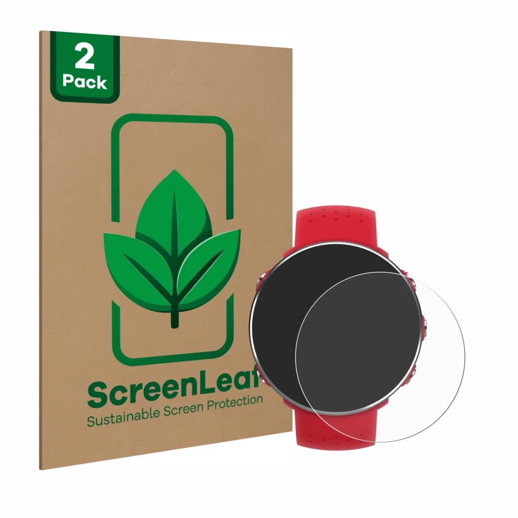 Parte frontal de un envase de producto con el logotipo de la marca ScreenLeaf. Al lado se muestra el dispositivo Polar Vantage