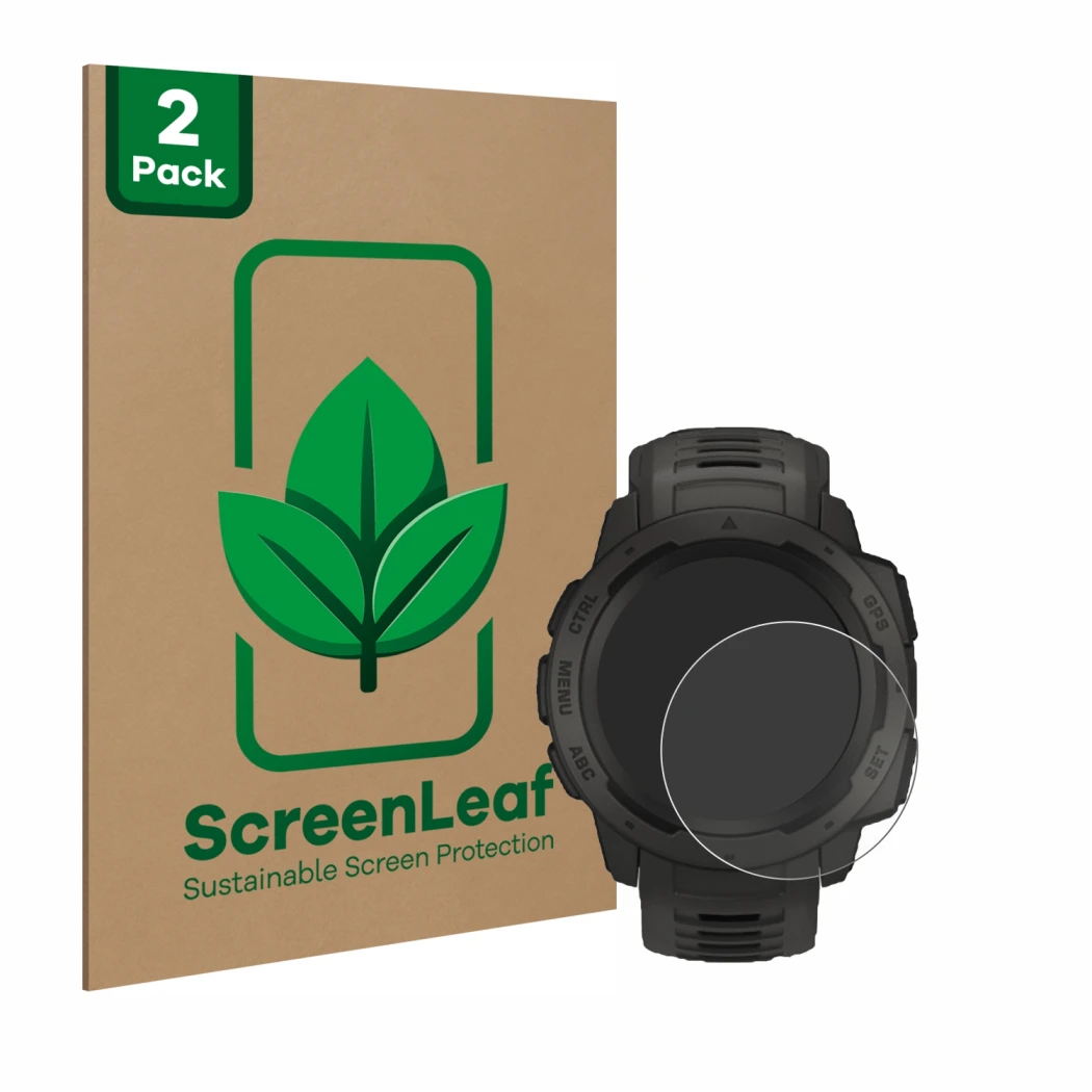 Parte frontal de un envase de producto con el logotipo de la marca ScreenLeaf. Al lado se muestra el dispositivo Garmin Instin
