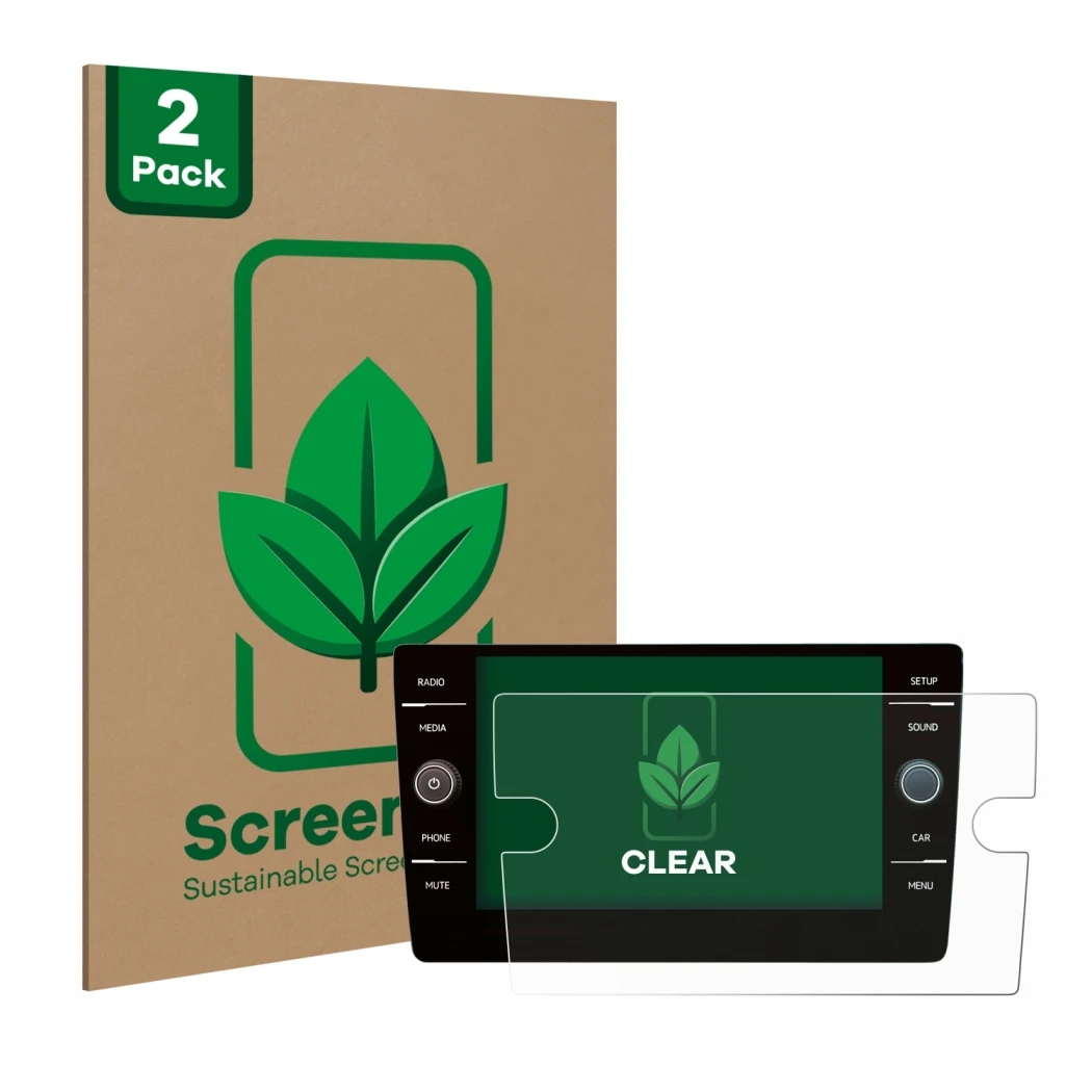 Parte frontal de un envase de producto con el logotipo de la marca ScreenLeaf. Al lado se muestra el dispositivo Volkswagen Go