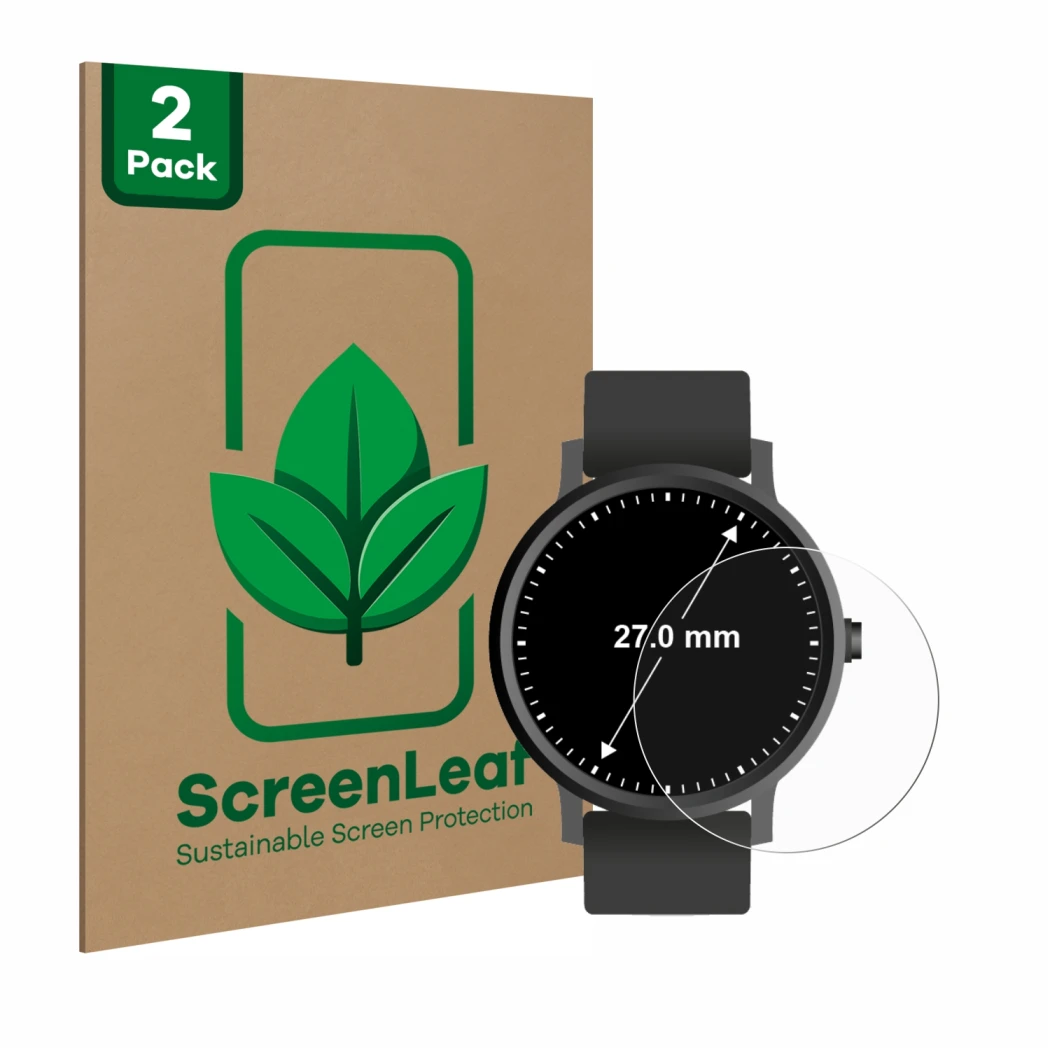 Parte frontal de un envase de producto con el logotipo de la marca ScreenLeaf. Al lado se muestra el dispositivo Circular Disp
