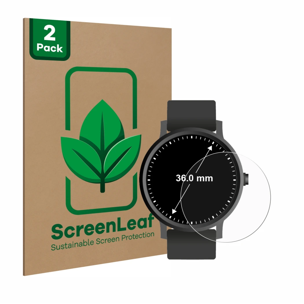 Parte frontal de un envase de producto con el logotipo de la marca ScreenLeaf. Al lado se muestra el dispositivo Circular Disp