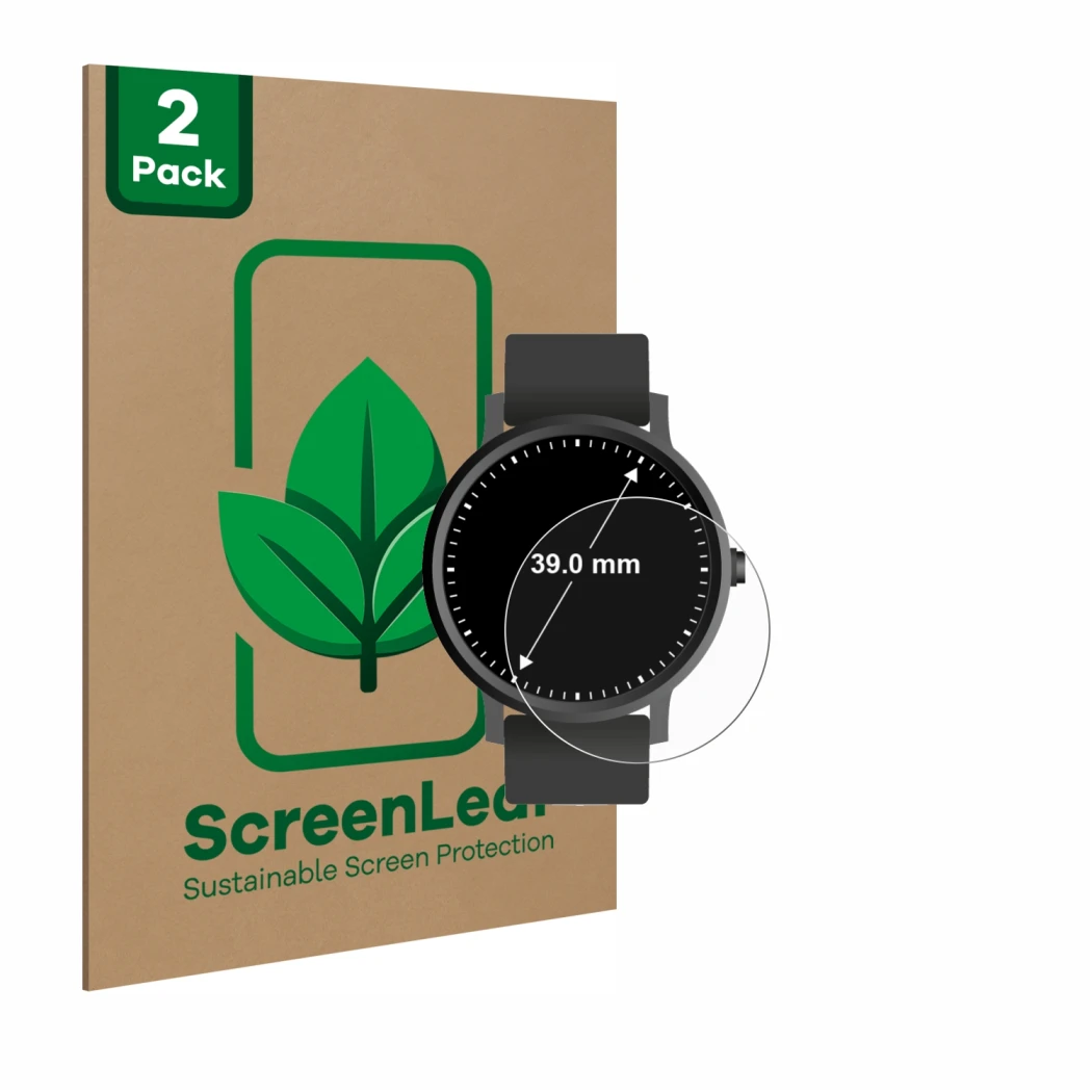 Parte frontal de un envase de producto con el logotipo de la marca ScreenLeaf. Al lado se muestra el dispositivo Circular Disp