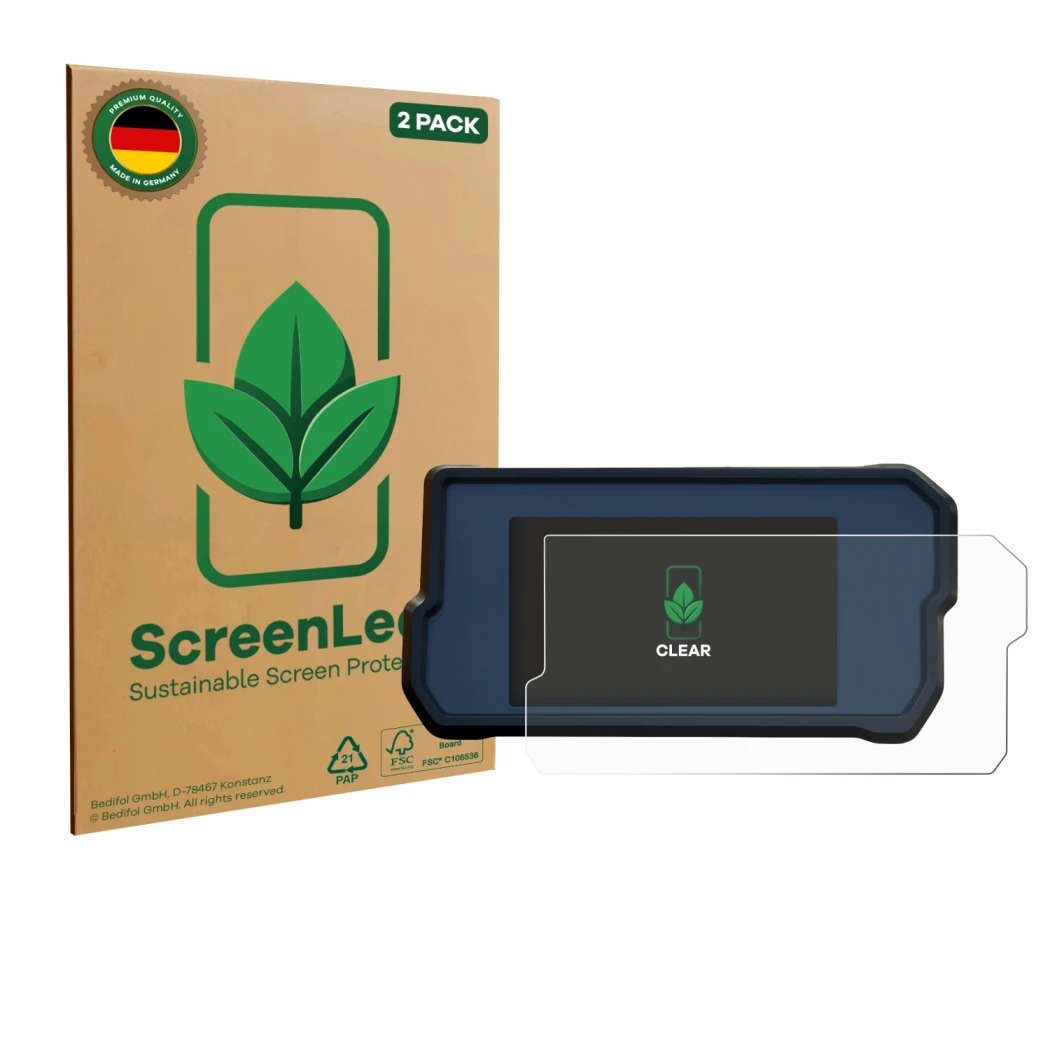 Parte frontal de un envase de producto con el logotipo de la marca ScreenLeaf. Al lado se muestra el dispositivo KTM 390 Duke 