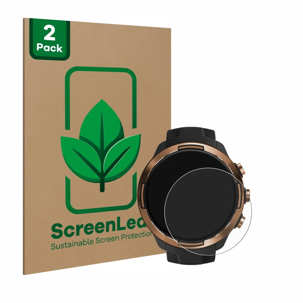 Parte frontal de un envase de producto con el logotipo de la marca ScreenLeaf. Al lado se muestra el dispositivo Suunto 9 Baro