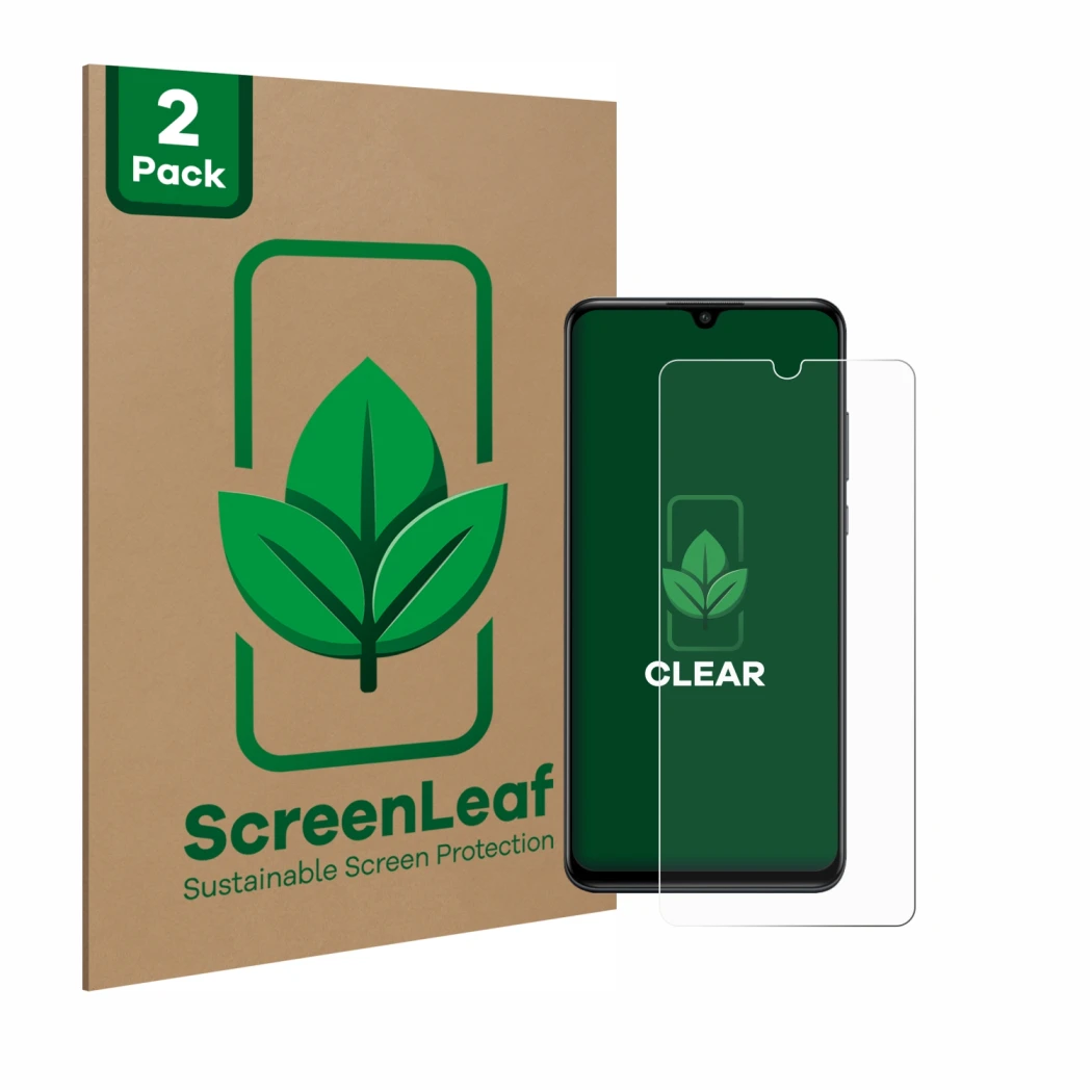 Parte frontal de un envase de producto con el logotipo de la marca ScreenLeaf. Al lado se muestra el dispositivo Huawei P30 li