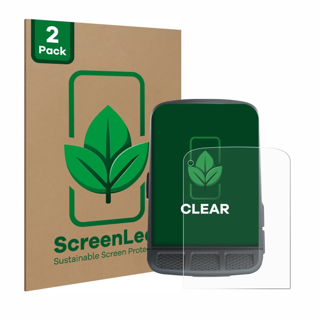 Parte frontal de un envase de producto con el logotipo de la marca ScreenLeaf. Al lado se muestra el dispositivo Wahoo Elemnt 
