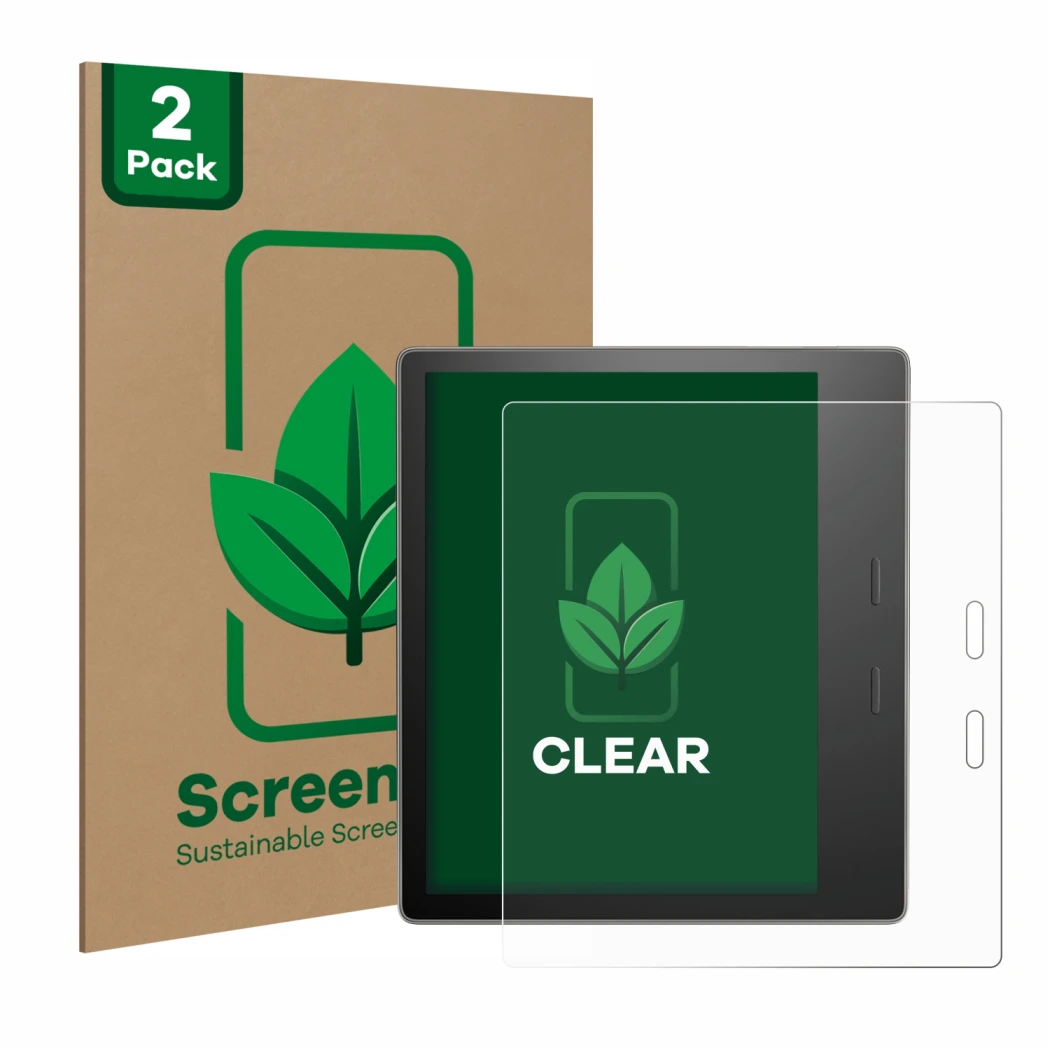 Parte frontal de un envase de producto con el logotipo de la marca ScreenLeaf. Al lado se muestra el dispositivo Amazon Kindle
