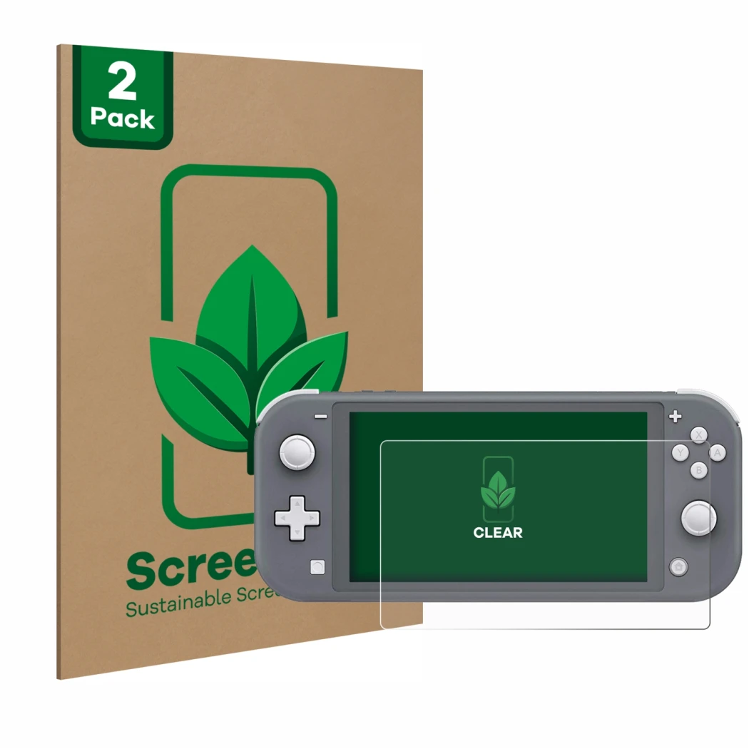 Parte frontal de un envase de producto con el logotipo de la marca ScreenLeaf. Al lado se muestra el dispositivo Nintendo Swit