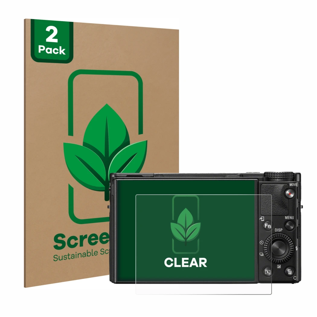 Parte frontal de un envase de producto con el logotipo de la marca ScreenLeaf. Al lado se muestra el dispositivo Sony Cyber-Sh