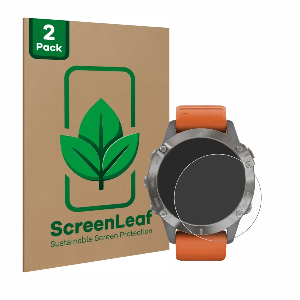 Parte frontal de un envase de producto con el logotipo de la marca ScreenLeaf. Al lado se muestra el dispositivo Garmin Fenix 