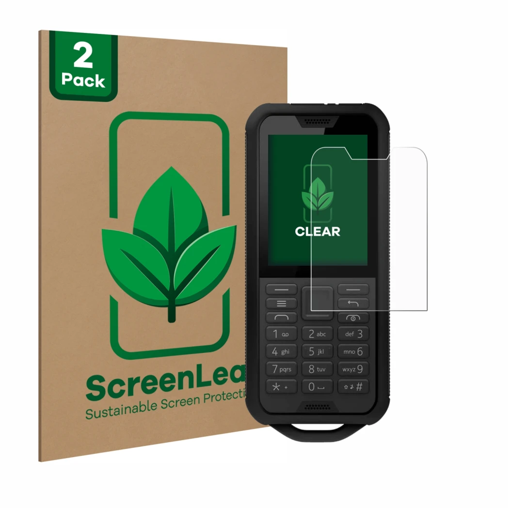 Parte frontal de un envase de producto con el logotipo de la marca ScreenLeaf. Al lado se muestra el dispositivo Nokia 800 Tou