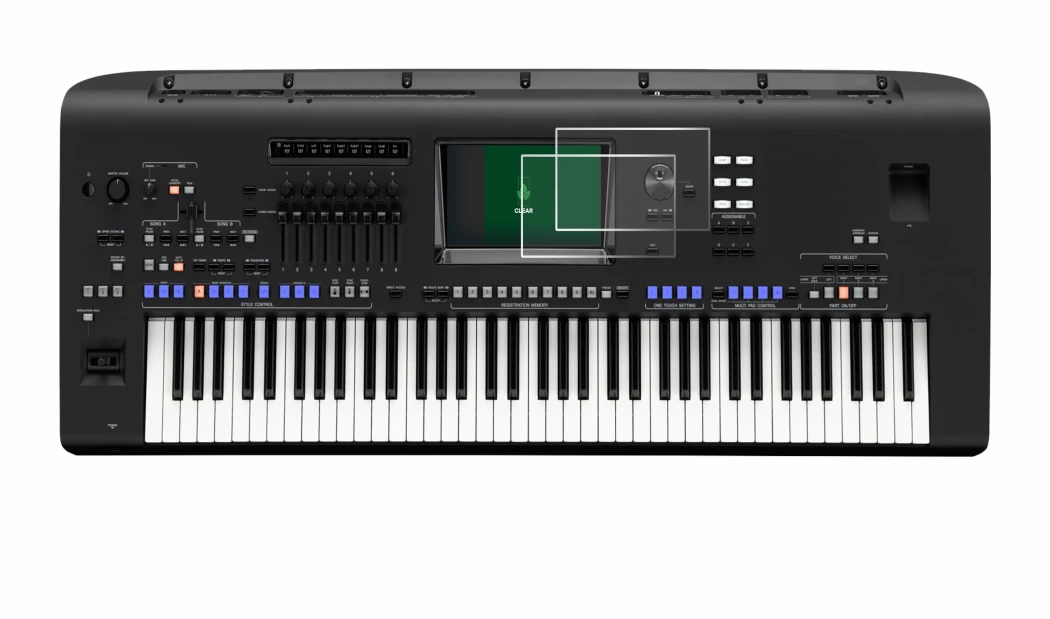 Imagen del dispositivo Yamaha Genos con una amplia variedad de protectores de pantalla.