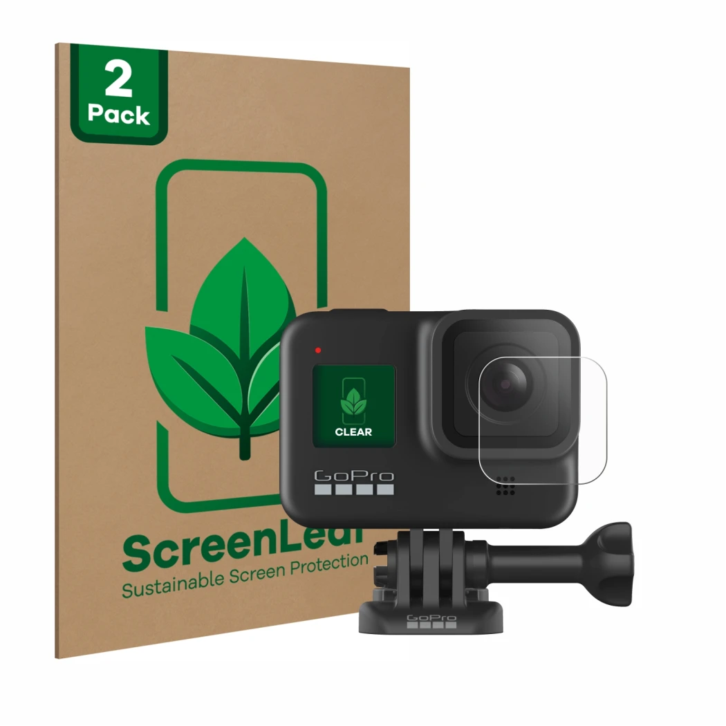 Parte frontal de un envase de producto con el logotipo de la marca ScreenLeaf. Al lado se muestra el dispositivo GoPro Hero 8 