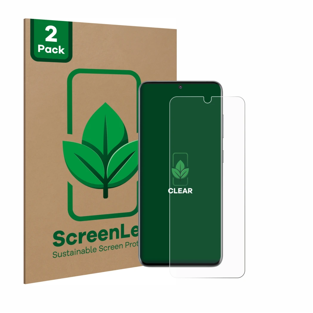 Parte frontal de un envase de producto con el logotipo de la marca ScreenLeaf. Al lado se muestra el dispositivo Samsung Galax