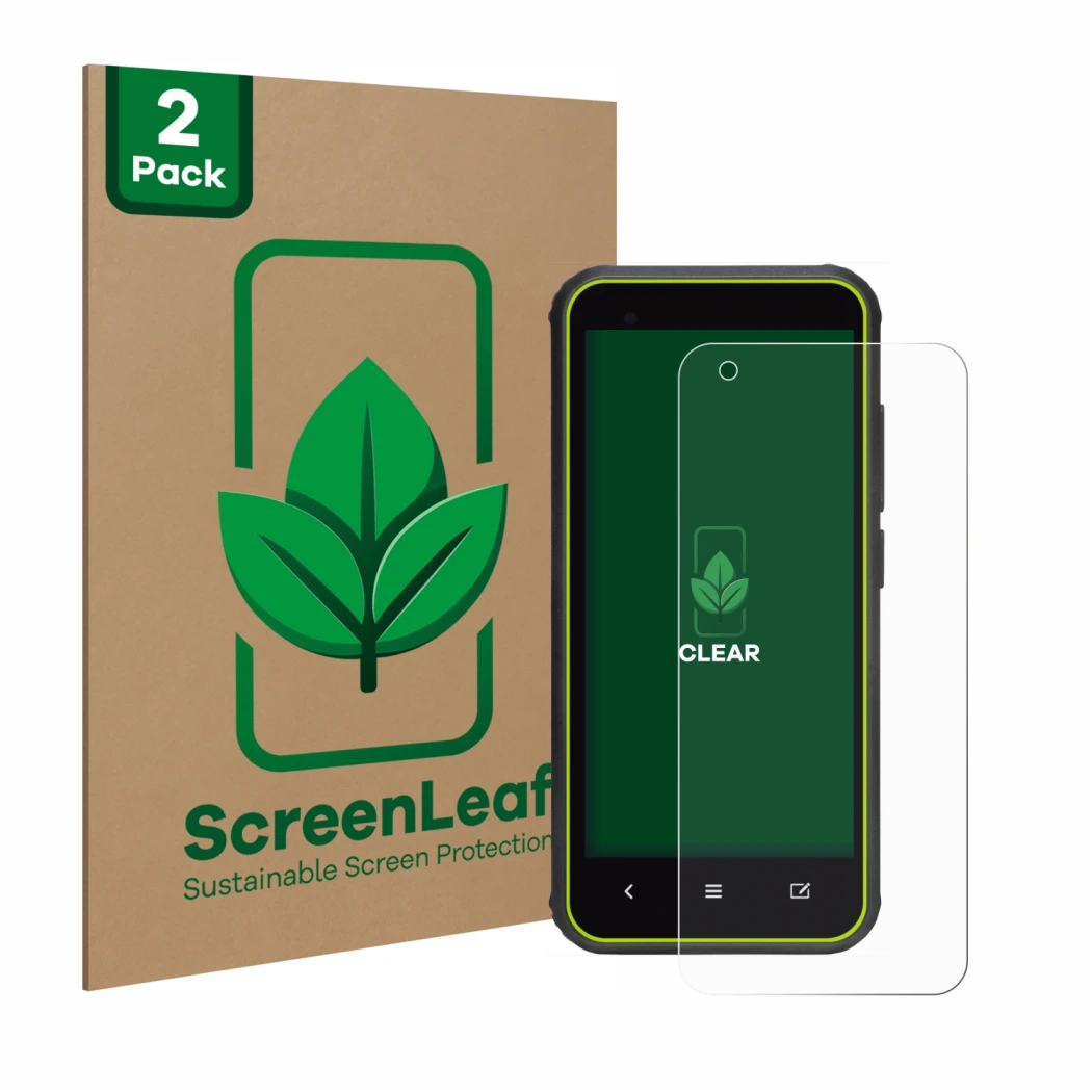 Parte frontal de un envase de producto con el logotipo de la marca ScreenLeaf. Al lado se muestra el dispositivo SkyCaddie SX4