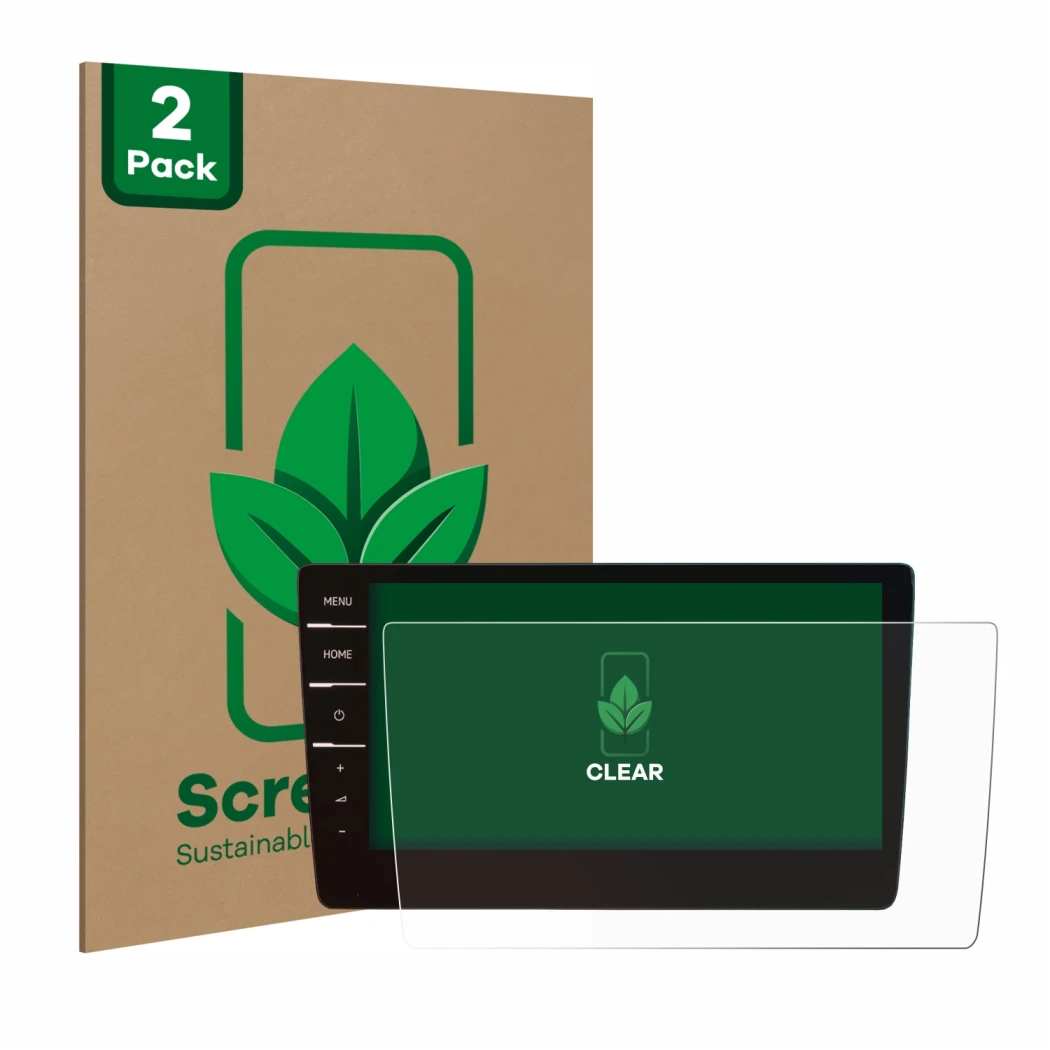 Parte frontal de un envase de producto con el logotipo de la marca ScreenLeaf. Al lado se muestra el dispositivo Volkswagen Ti