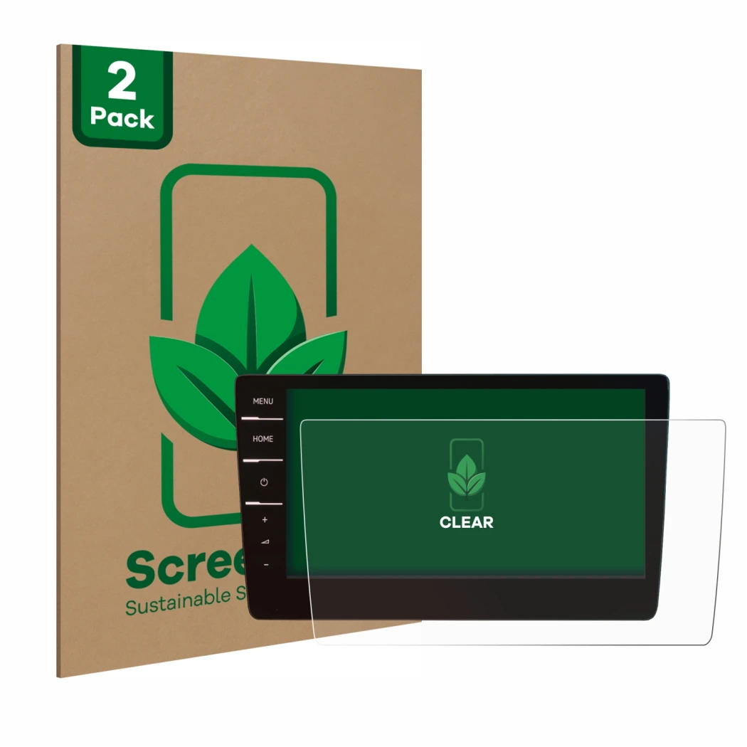 Parte frontal de un envase de producto con el logotipo de la marca ScreenLeaf. Al lado se muestra el dispositivo Volkswagen Pa