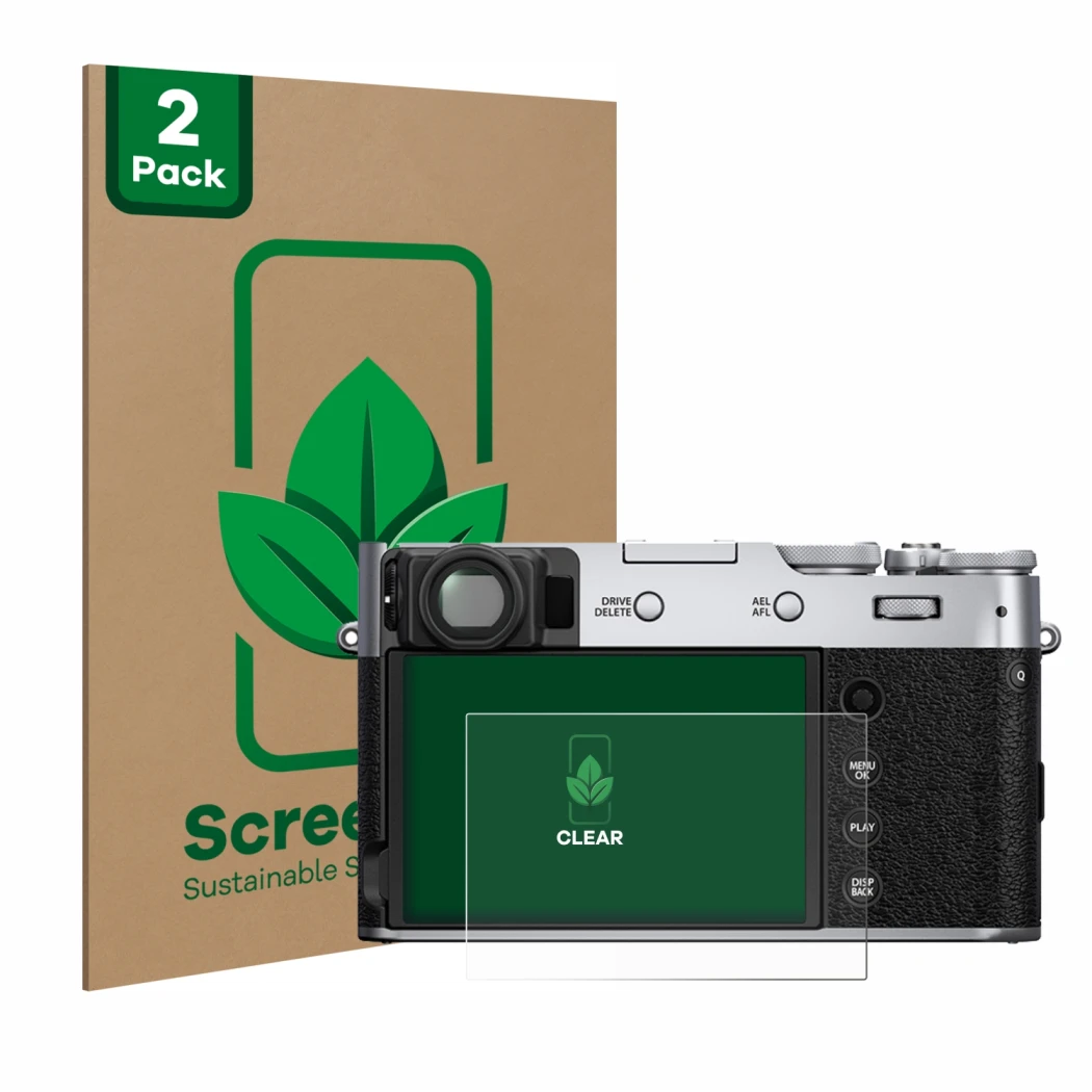 Parte frontal de un envase de producto con el logotipo de la marca ScreenLeaf. Al lado se muestra el dispositivo Fujifilm X100