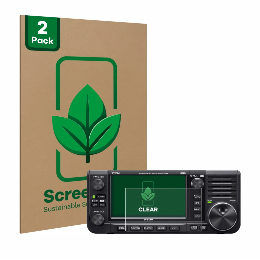 Parte frontal de un envase de producto con el logotipo de la marca ScreenLeaf. Al lado se muestra el dispositivo Icom IC-705 c