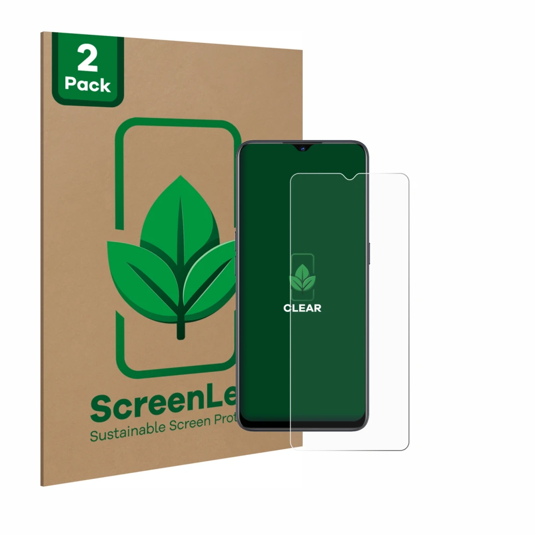 Parte frontal de un envase de producto con el logotipo de la marca ScreenLeaf. Al lado se muestra el dispositivo Oppo Find X2 