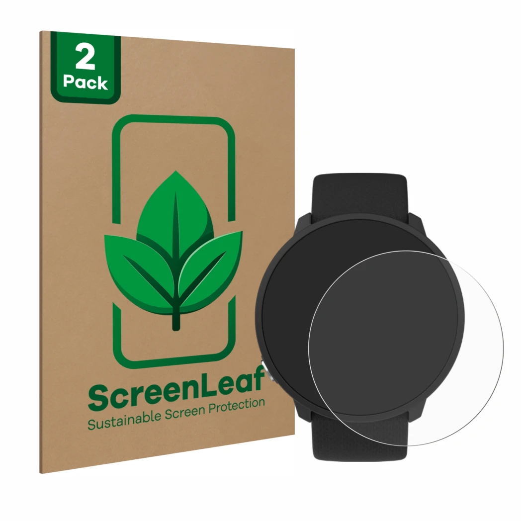 Parte frontal de un envase de producto con el logotipo de la marca ScreenLeaf. Al lado se muestra el dispositivo Polar Unite c