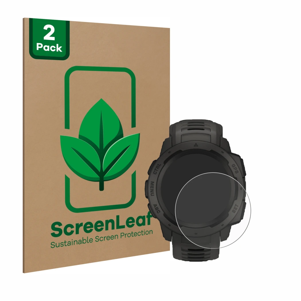 Parte frontal de un envase de producto con el logotipo de la marca ScreenLeaf. Al lado se muestra el dispositivo Garmin Instin