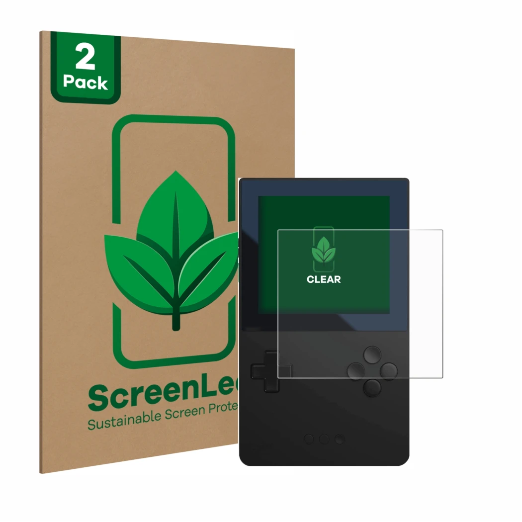 Parte frontal de un envase de producto con el logotipo de la marca ScreenLeaf. Al lado se muestra el dispositivo Analogue Pock
