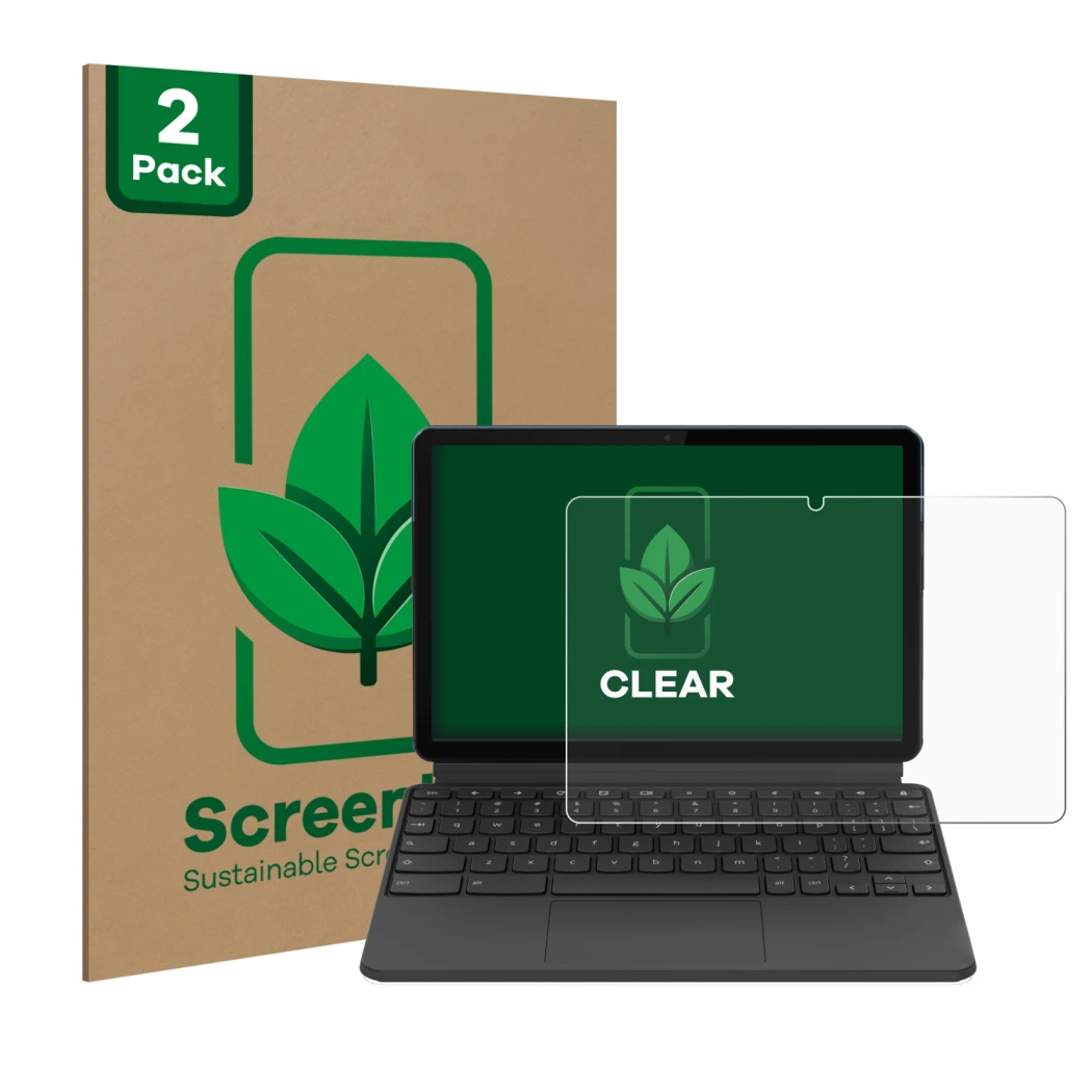 Parte frontal de un envase de producto con el logotipo de la marca ScreenLeaf. Al lado se muestra el dispositivo Lenovo IdeaPa