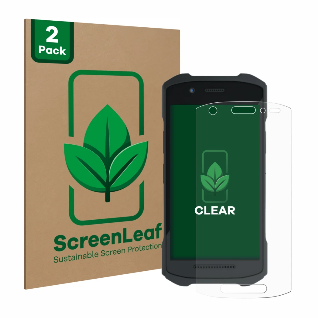 Parte frontal de un envase de producto con el logotipo de la marca ScreenLeaf. Al lado se muestra el dispositivo Zebra TC21 co