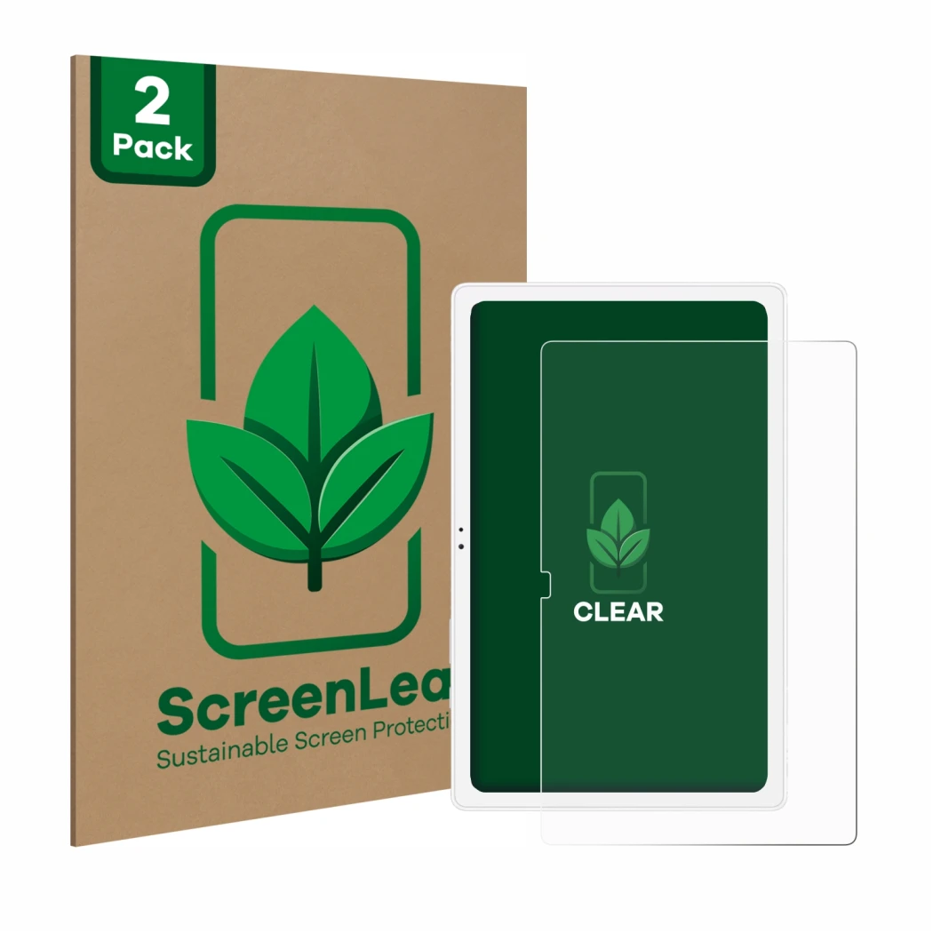 Parte frontal de un envase de producto con el logotipo de la marca ScreenLeaf. Al lado se muestra el dispositivo Samsung Galax