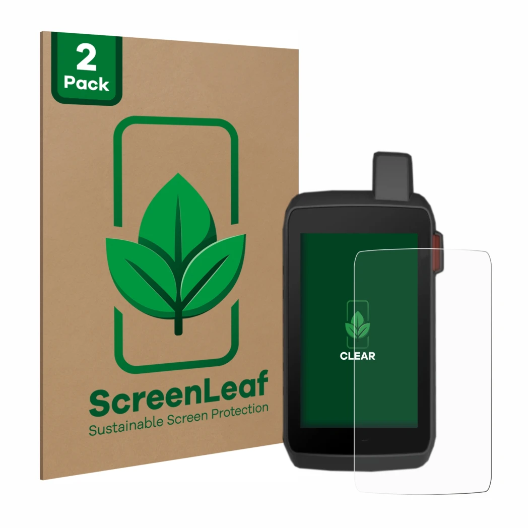 Parte frontal de un envase de producto con el logotipo de la marca ScreenLeaf. Al lado se muestra el dispositivo Garmin Montan