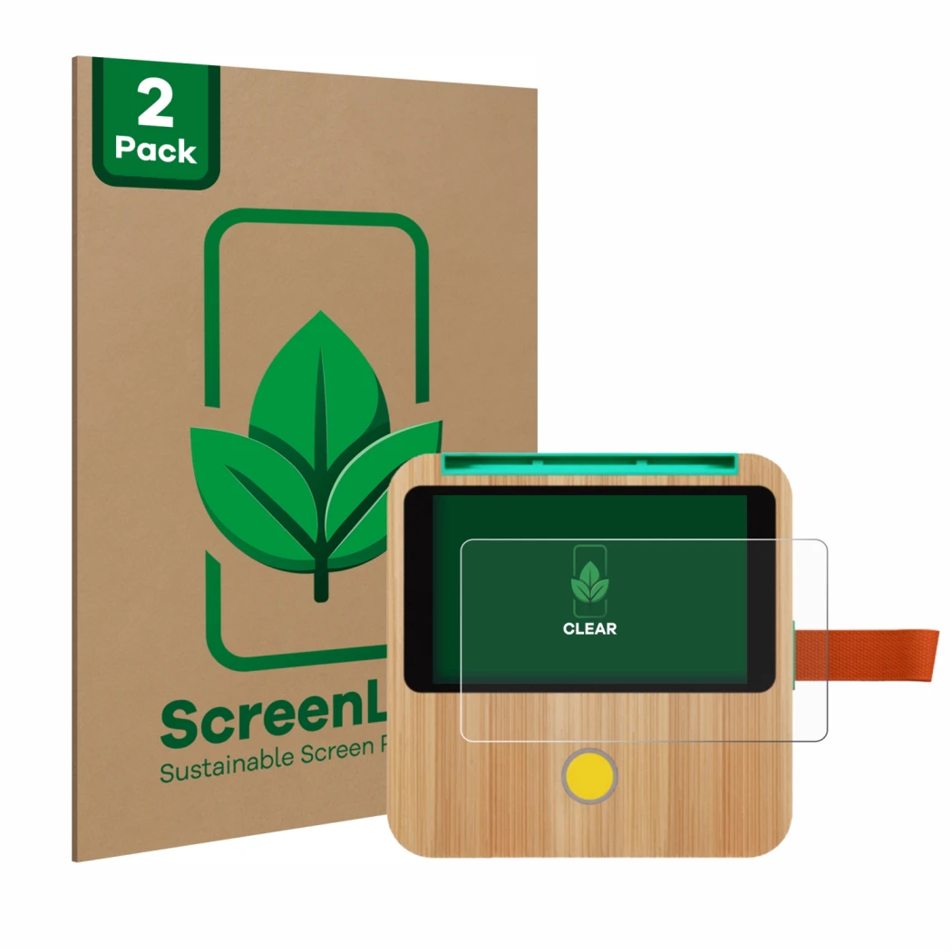 Parte frontal de un envase de producto con el logotipo de la marca ScreenLeaf. Al lado se muestra el dispositivo tigerbox Touc