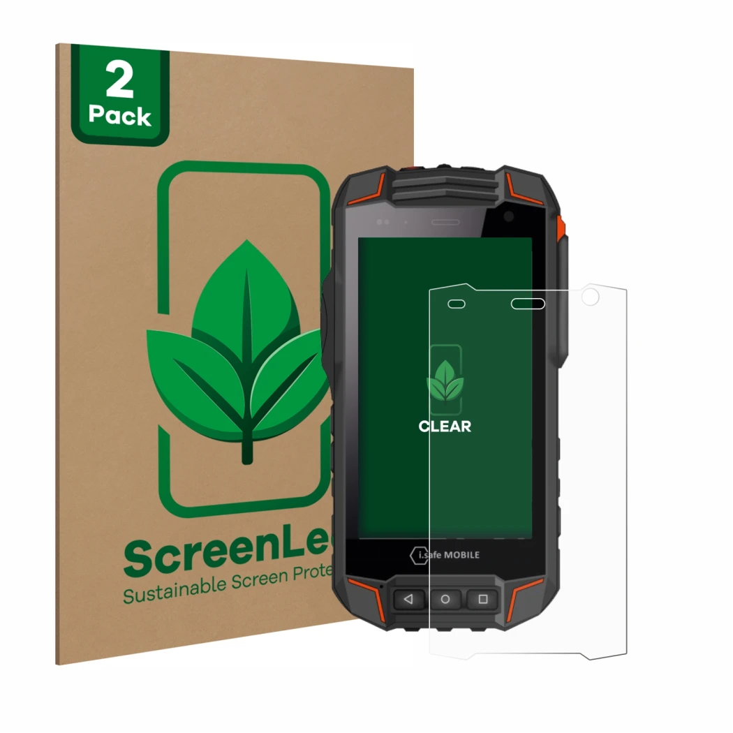 Parte frontal de un envase de producto con el logotipo de la marca ScreenLeaf. Al lado se muestra el dispositivo i.safe MOBILE
