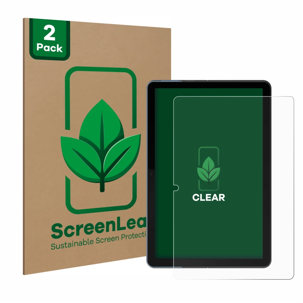 Parte frontal de un envase de producto con el logotipo de la marca ScreenLeaf. Al lado se muestra el dispositivo Lenovo IdeaPa