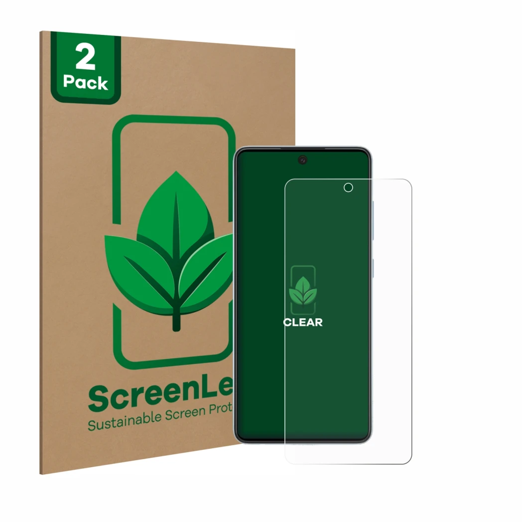 Parte frontal de un envase de producto con el logotipo de la marca ScreenLeaf. Al lado se muestra el dispositivo Samsung Galax