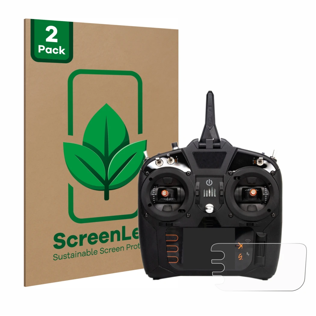 Parte frontal de un envase de producto con el logotipo de la marca ScreenLeaf. Al lado se muestra el dispositivo Spektrum NX8 