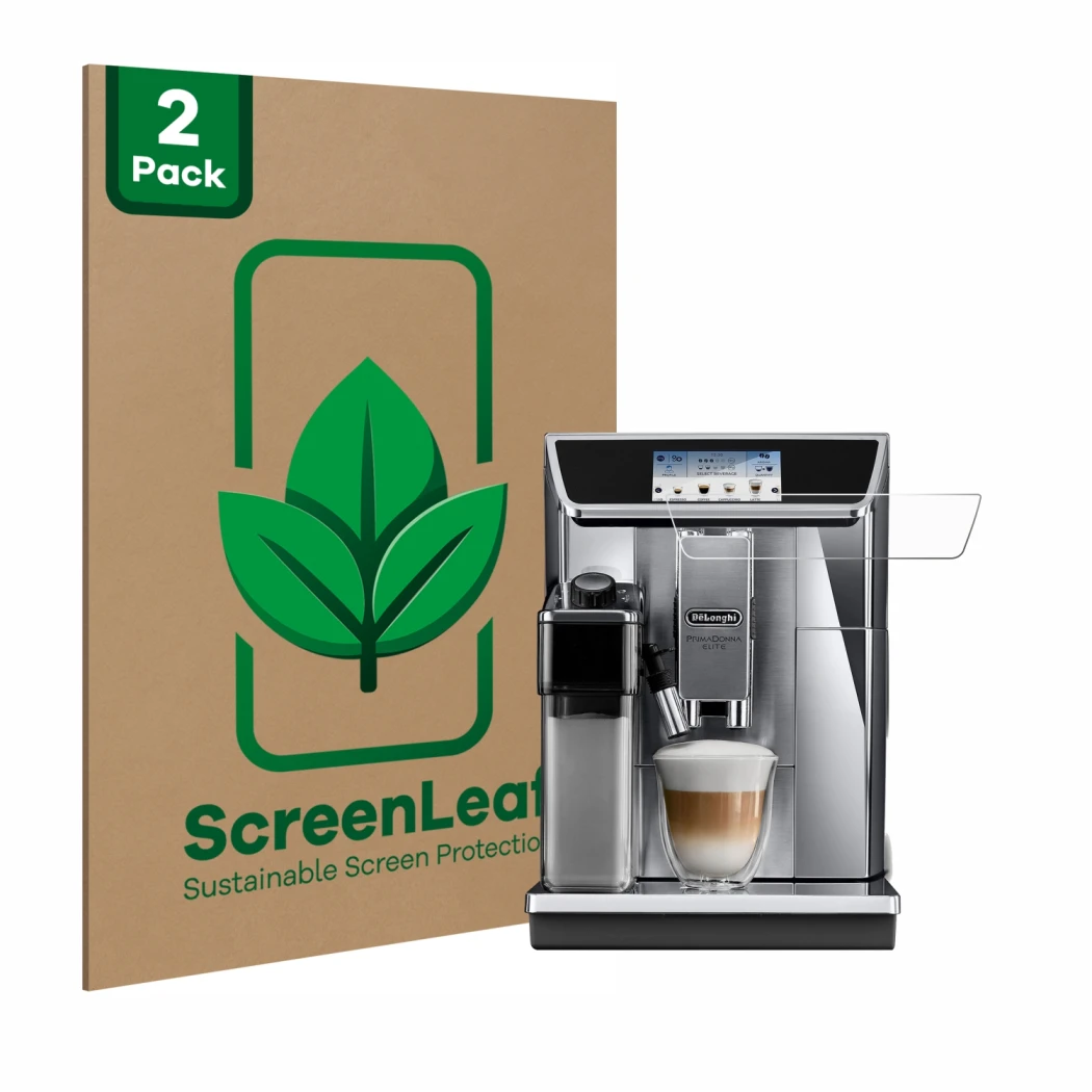 Parte frontal de un envase de producto con el logotipo de la marca ScreenLeaf. Al lado se muestra el dispositivo DeLonghi Prim