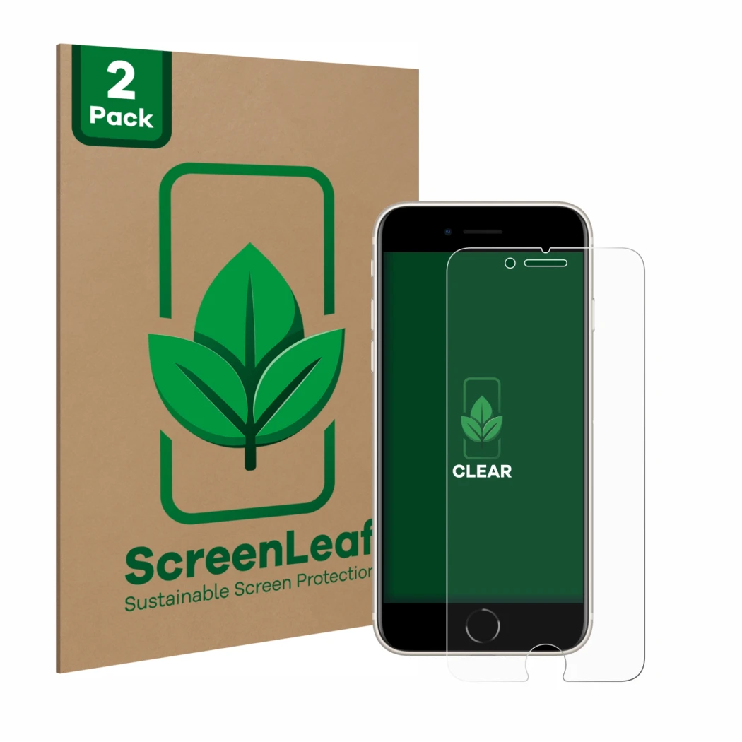 Parte frontal de un envase de producto con el logotipo de la marca ScreenLeaf. Al lado se muestra el dispositivo Apple iPhone 